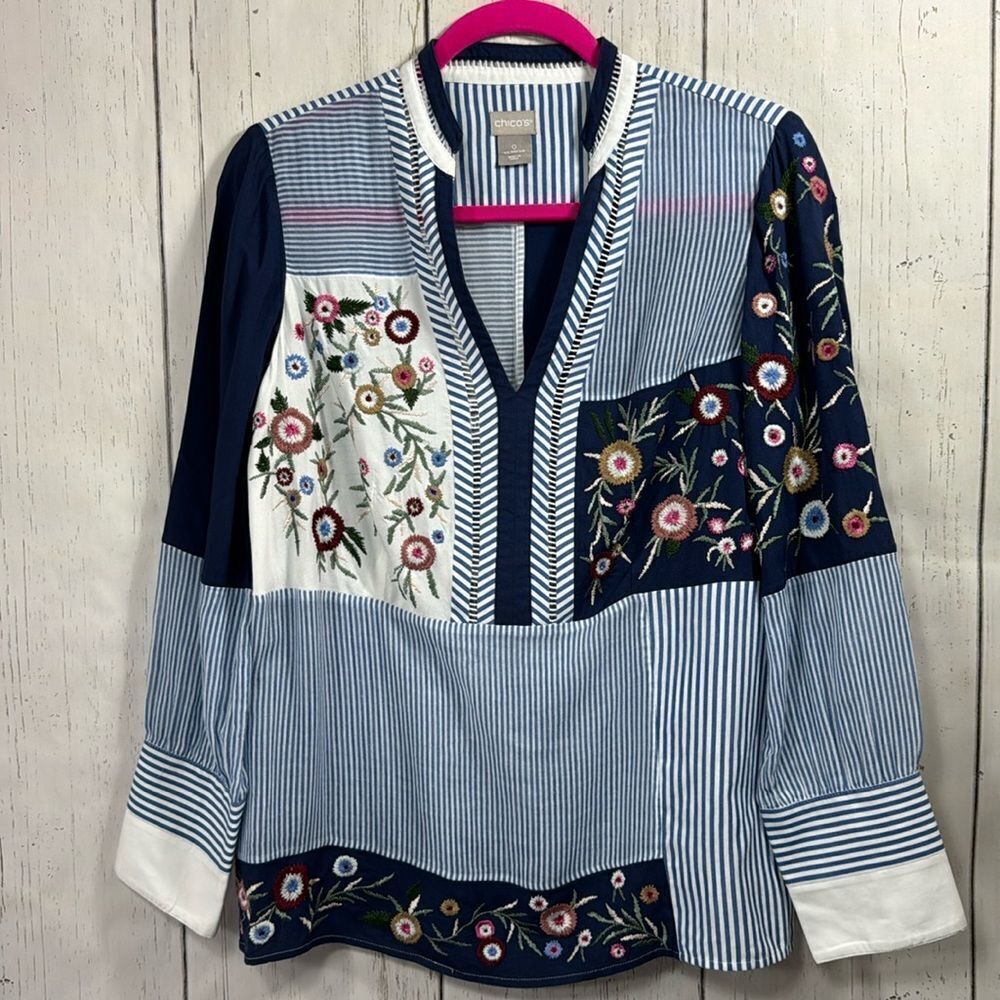 Chicos Patchwork Embroidered Boho Blouse Stripes Size S Artsy Coastal Nautical